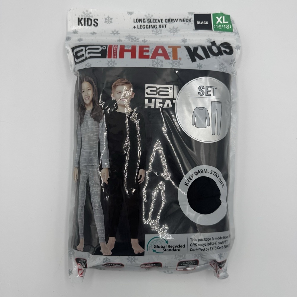 32 Degrees HEAT Kids XL 16/18 Long Sleeve Crew Neck & Legging Set BLACK  1307831